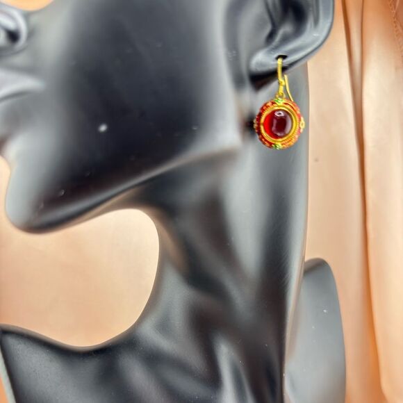 Vintage-Inspired Red Enamel Cabochon Drop Earrings - Picture 9 of 10